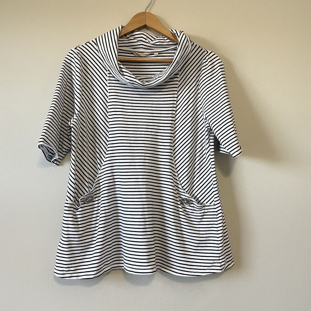 Soft Surroundings Promenade Tunic Top L Pockets Black and White Striped Cowl